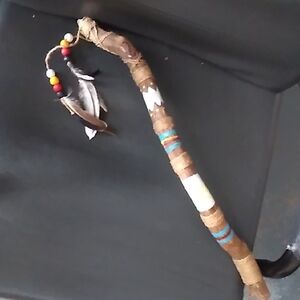Spiral Talking Stick with Beads and Feathers